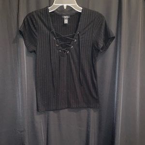 Black lace up front top